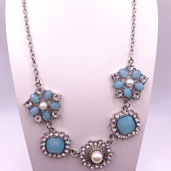 Vintage Blue Green Acrylic Stone Floral Chain Necklace Retro Style - Picture 3 of 4